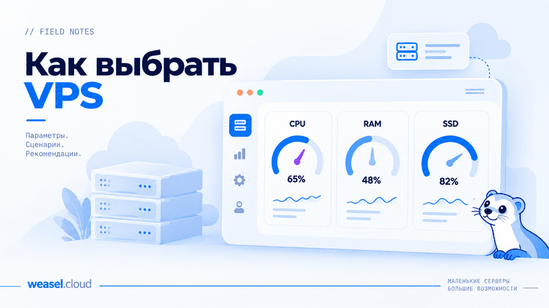 Как выбрать VPS под задачу - обложка гайда WeaselCloud: приборная панель с индикаторами загрузки CPU, RAM и SSD и стойка серверов