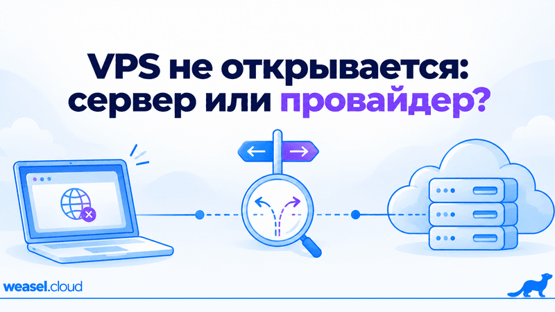 VPS не открывается: сервер или провайдер? Схема: ноутбук, развилка с лупой и облачный сервер
