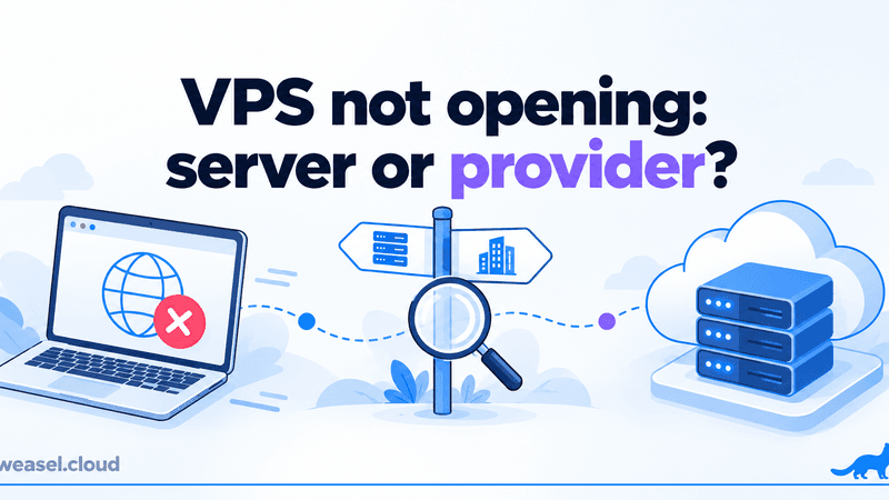 VPS not opening: server or provider? Diagram: a laptop, a fork in the road with a magnifier and a cloud server